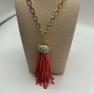 Versona Gold-Tone Necklace with Coral Tassel and Turquoise Bead Cap